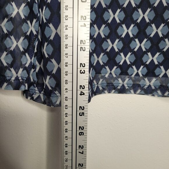 Rafella blue geometric print semi sheer sleeves mock neck career long sleeve M - Picture 7 of 7